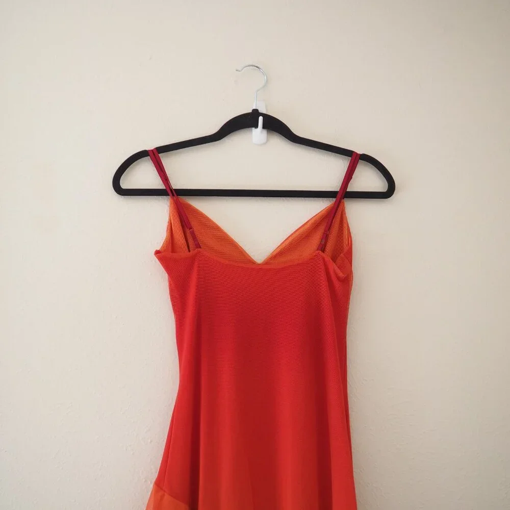 NWT Vintage Ema Savahl Orange Spaghetti Strap Mesh Tiered Ruffle Asymmetrical - Picture 6 of 7